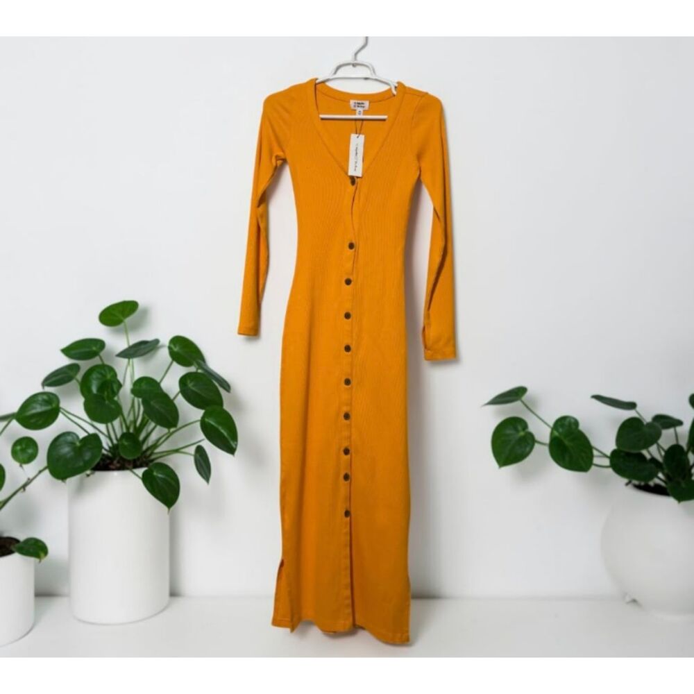 The Drop XXS Mustard Ribbed Bodycon Button Front Maxi Dress